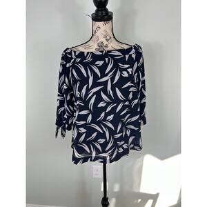 Ann Taylor Navy Blue and white leaf pattern off the shoulder long sleeve blouse